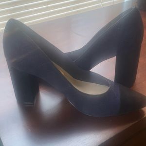 Blue & Black suede Tommy Hilfiger block heel. Silver detail/patchwork stitching.